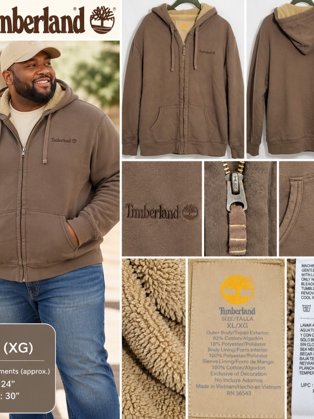 Timberland XL Brown Sherpa Lined Full Zip Hoodie Sweatshirt
